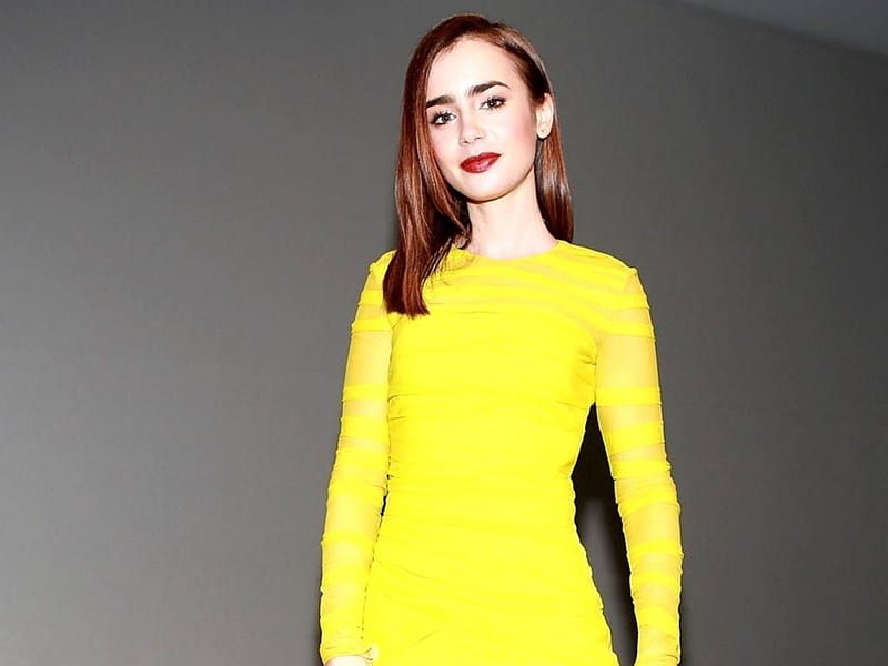 Lily Collins, 2016, model, yellow, bonito, actress, Lily, Collins, HD wallpaper