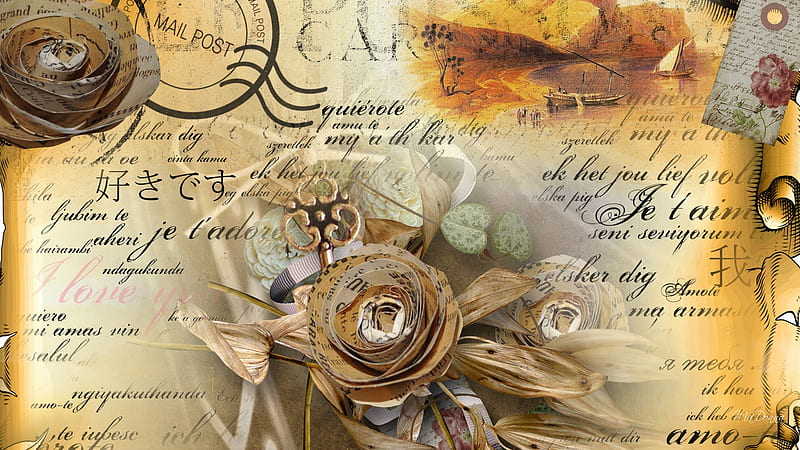 Memories Forgotten, tag, paper flowers, firefox persona, post marks, parchment, language, roses, key, water, ship, love, paper, HD wallpaper