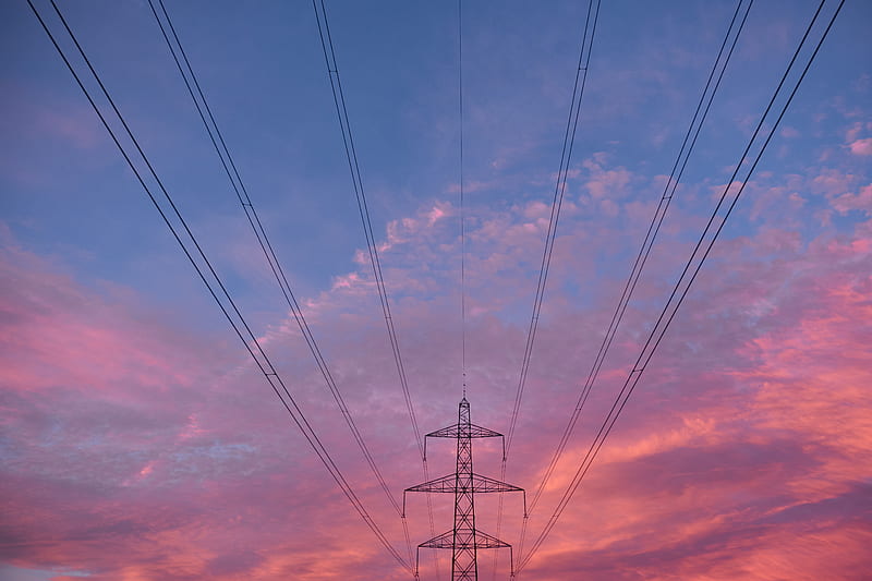 tower, wires, construction, sunset, sky, HD wallpaper