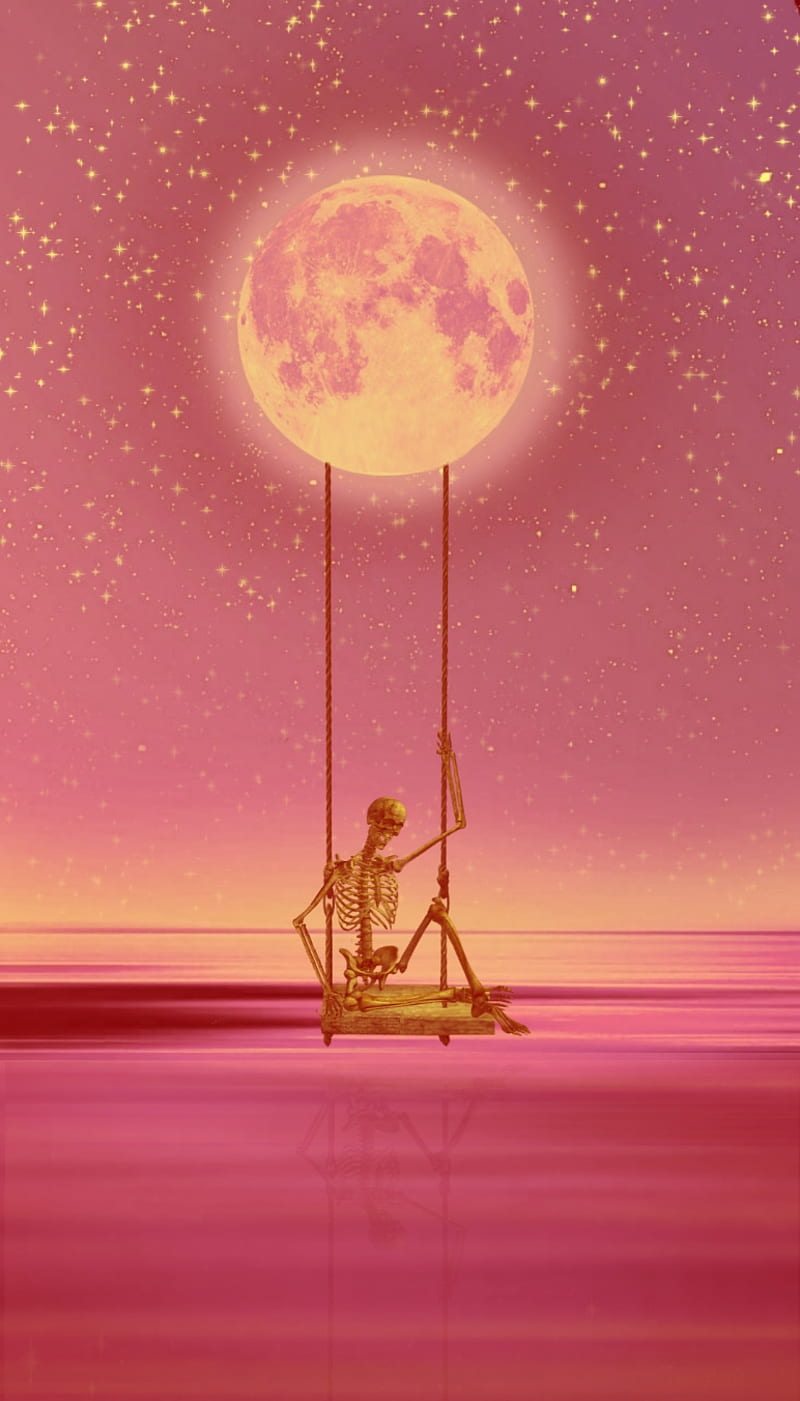 Skeleton swing, moon, peace, pink, purple, swinging, violet, water, HD phone wallpaper