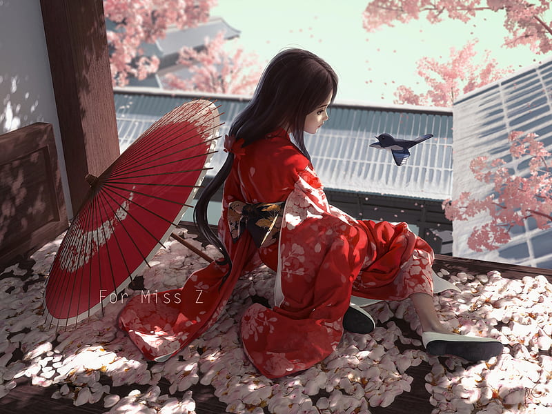 Fantasy girl, luminos, spring, pink, parasol, kimono, red, pupil g, sakura, umbrella, fantasy, bird, HD wallpaper
