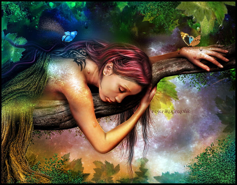 ~The Fairy Tree~, colorful, redhead, digital art, women, hair, leaves, fantasy, butterfly, manipulation, flowers, face, girls, animals, female, colors, butterflies, trees, lips, cool, plants, eyes, HD wallpaper