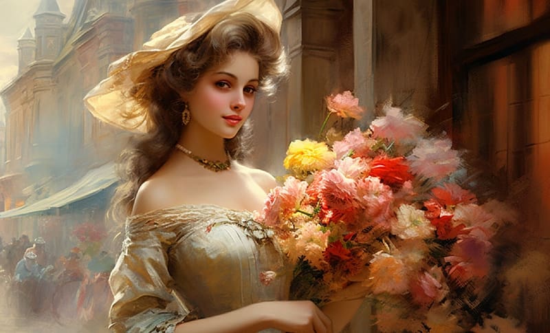 The Flower Seller, digital, art, fantasy, , romantic, flowers, girl, woman, beautiful, HD wallpaper