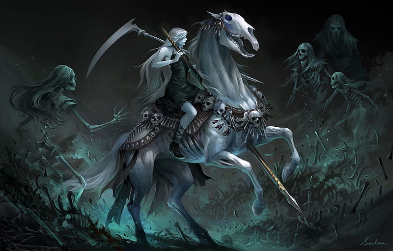 Death's carousel, fantasy, death, luminos, halloween, horse, skull, bones, HD wallpaper