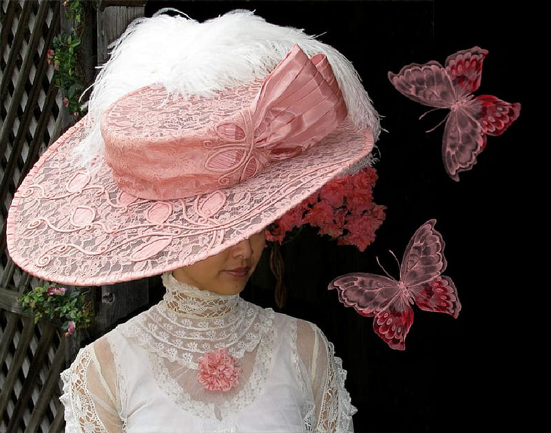 Elegant Tea Hat, artistic, lace, bonito, woman, butterfly, feather, feminine, pink, gorgeous, tea hat, hats, female, lovely, lacy, soft, butterflies, creative, hat, girl, lady, HD wallpaper