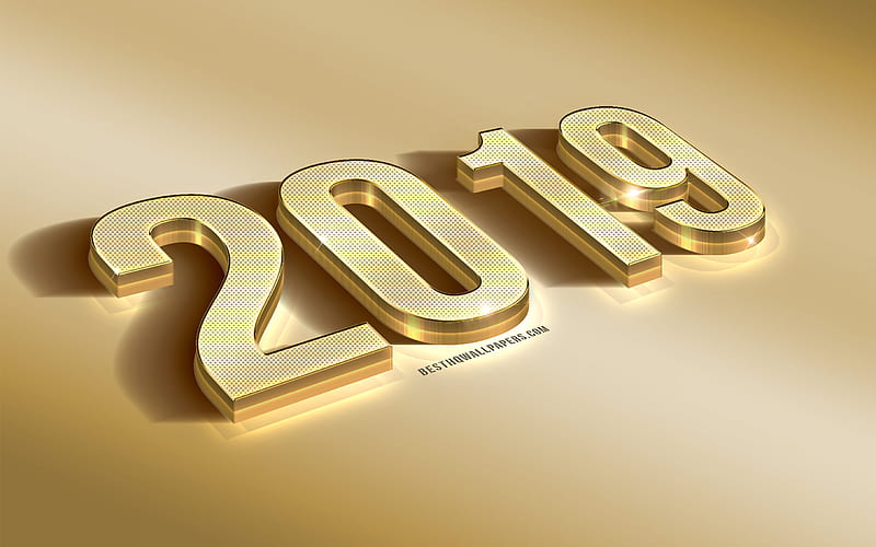 Happy New Year 2019, gold metal 2019 background, art, 3d gold letters, 3d 2019 concept, creative art, 2019 year, gold metal texture, HD wallpaper