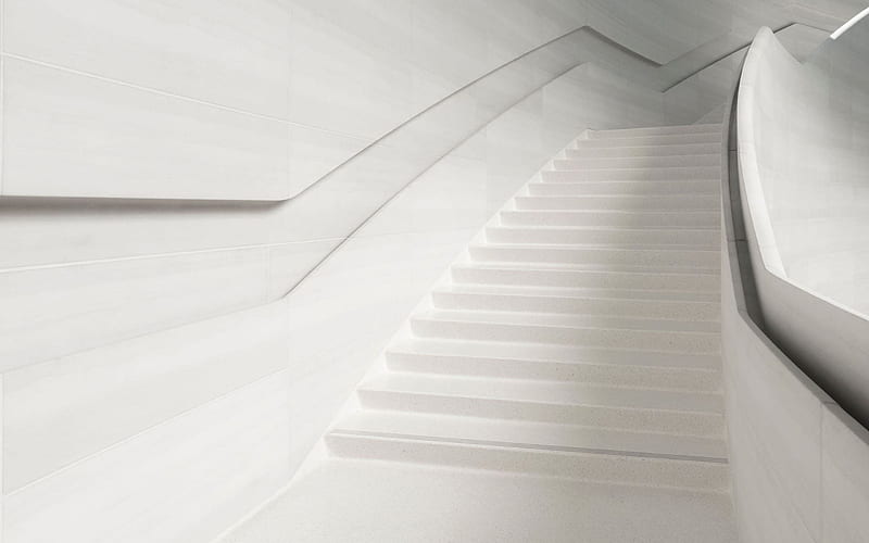 white 3d staircase, white steps, modern stylish staircase design, white marble walls, staircase, HD wallpaper