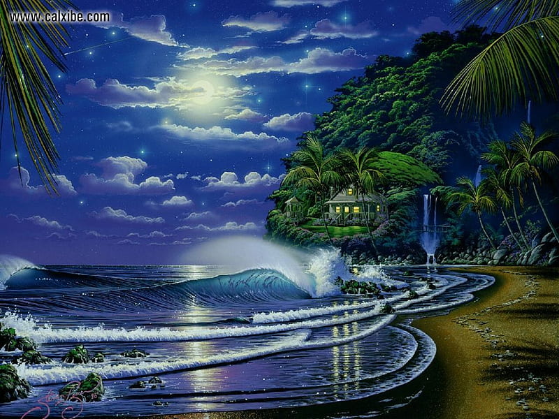 Water Dance Honeymoon Hideaway, oceans, fantasy, moon, moonlight, abstract, night, HD wallpaper