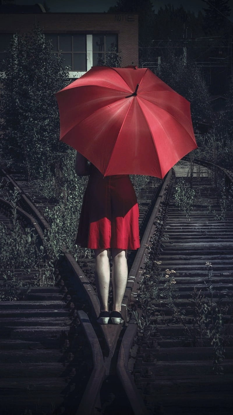 Umbrella, red, girl, railway, rain, umbrella girl, lonely, HD phone wallpaper