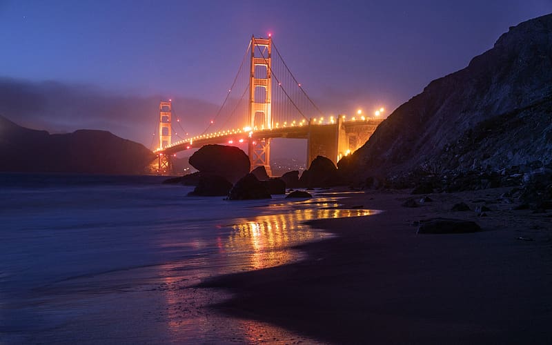 California Golden Gate Bridge Coast Mist Night, HD wallpaper