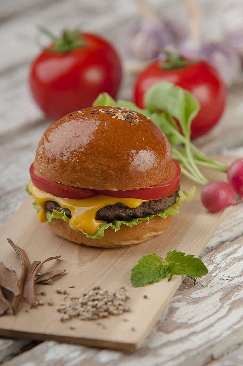 Burger, cheese, food, green, mac, planting, radish, red, sandwich, tomatoes, HD phone wallpaper