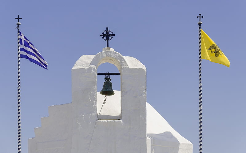 Church Bell in Aegina, Greece, Aegina island, cross, Greece, flags, bell, sky, HD wallpaper