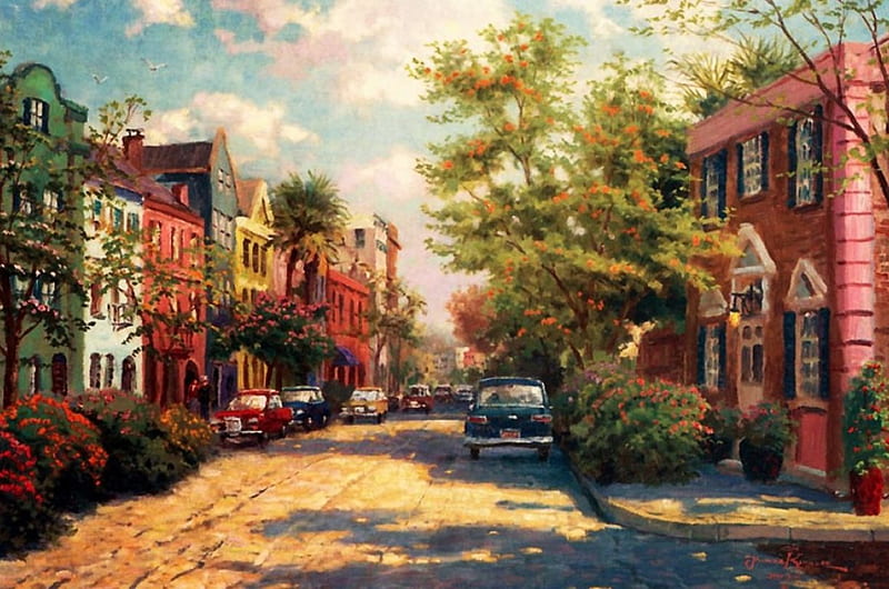 Rainbow Row, Charleston, carros, houses, painting, trees, artwork, HD wallpaper