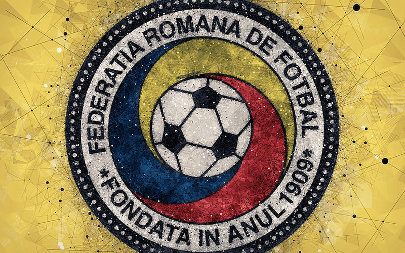 Romania national football team geometric art, logo, yellow abstract background, UEFA, Europe, emblem, Romania, football, grunge style, creative art, HD wallpaper