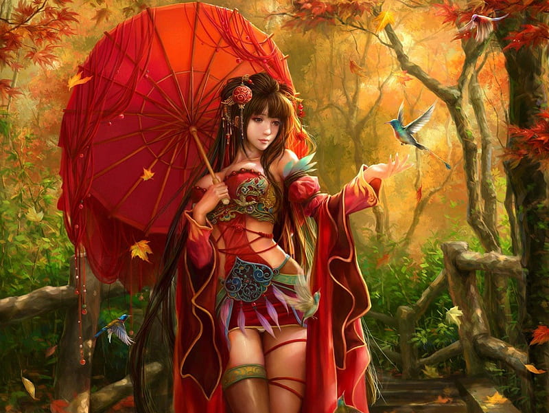 .Adorable Girl., pretty, colorful, fall season, autumn, lovely, umbrella, colors, love four seasons, birds, bonito, leaves, fantasy, 3D and CG, weird things people wear, chinese, HD wallpaper