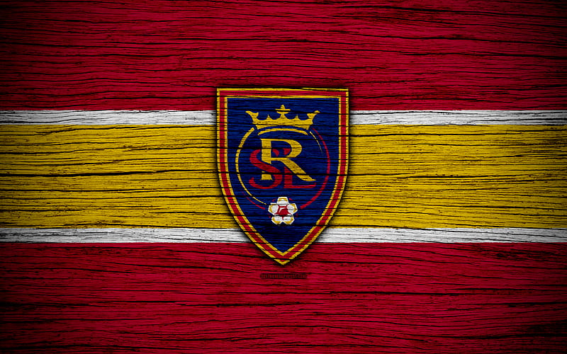 Real Salt Lake MLS, wooden texture, Western Conference, football club, USA, Real Salt Lake FC, soccer, logo, FC Real Salt Lake, HD wallpaper