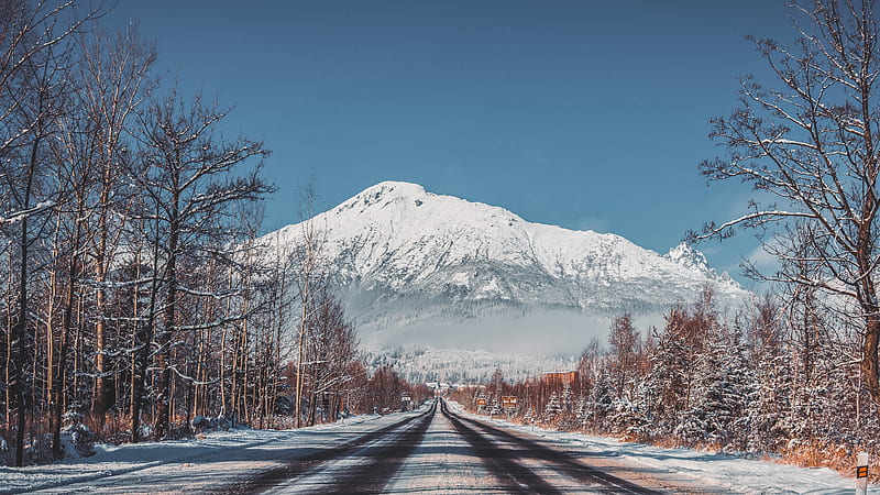 road, mountains, snow, trees, landscape, winter, HD wallpaper