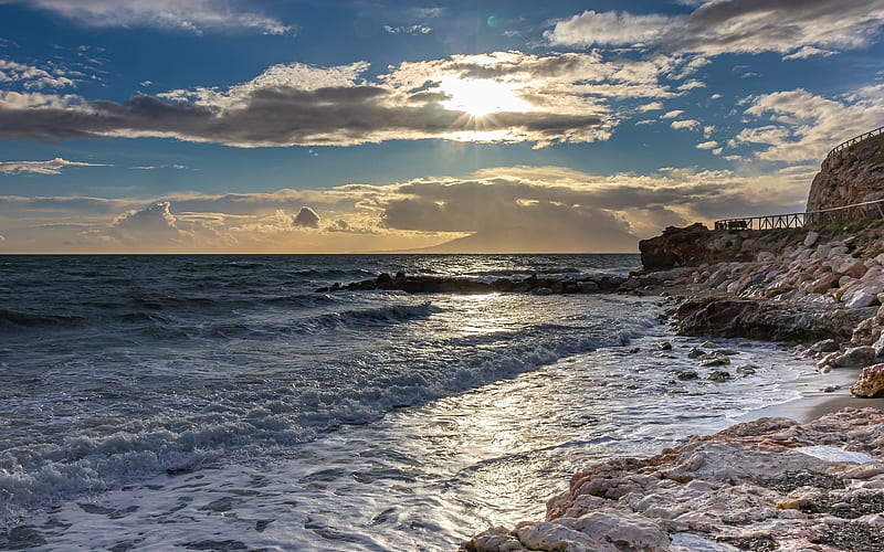 Coast of Malaga, Spain, Spain, sea, coast, rocks, sunbeams, clouds, HD wallpaper