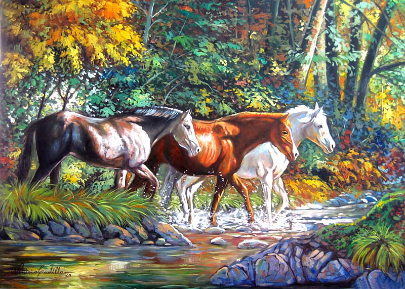 Caballos cruzando el rio, by Vinicio Castillo, art, painting vinicio castillo, river, horse, animal, HD wallpaper