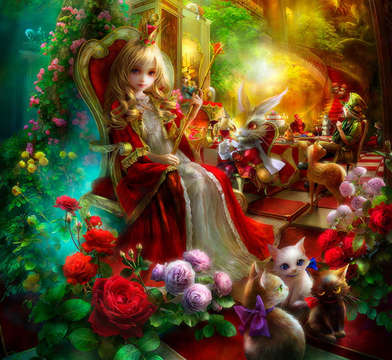 Queen Alice, red, luminos, rose, shu, cat, cute, fantasy, girl, green, throne, flower, bunny, pisica, HD wallpaper
