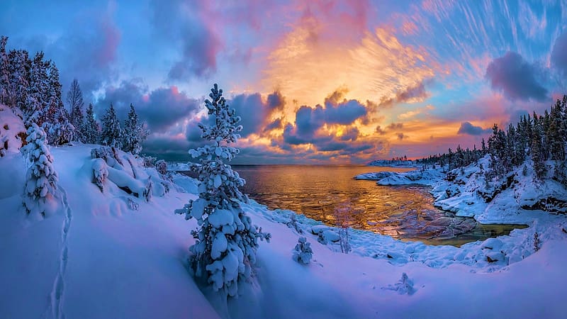 Lakeside Winter, sunset, snow, trees, landscape, clouds, colors, sky, HD wallpaper
