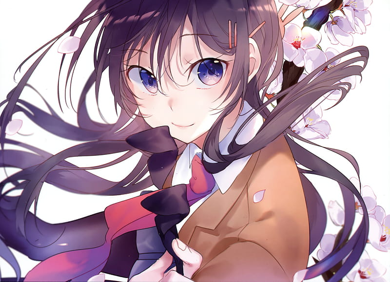 seishun buta yarou, sakurajima mai, long hair, flowers, blue eyes, school uniform, Anime, HD wallpaper