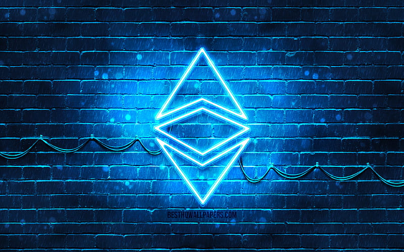 Ethereum blue logo blue brickwall, Ethereum logo, cryptocurrency, Ethereum neon logo, cryptocurrency signs, Ethereum, HD wallpaper
