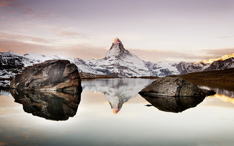 Lake Mountains Matterhorn Alps Switzerland-Travel scenery, HD wallpaper