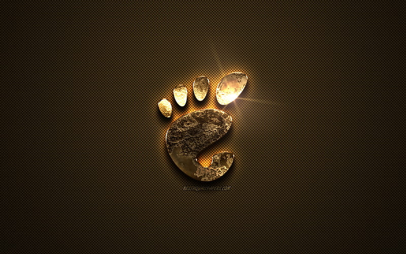 Gnome gold logo, creative art, gold texture, brown carbon fiber texture, Gnome gold emblem, Gnome, HD wallpaper