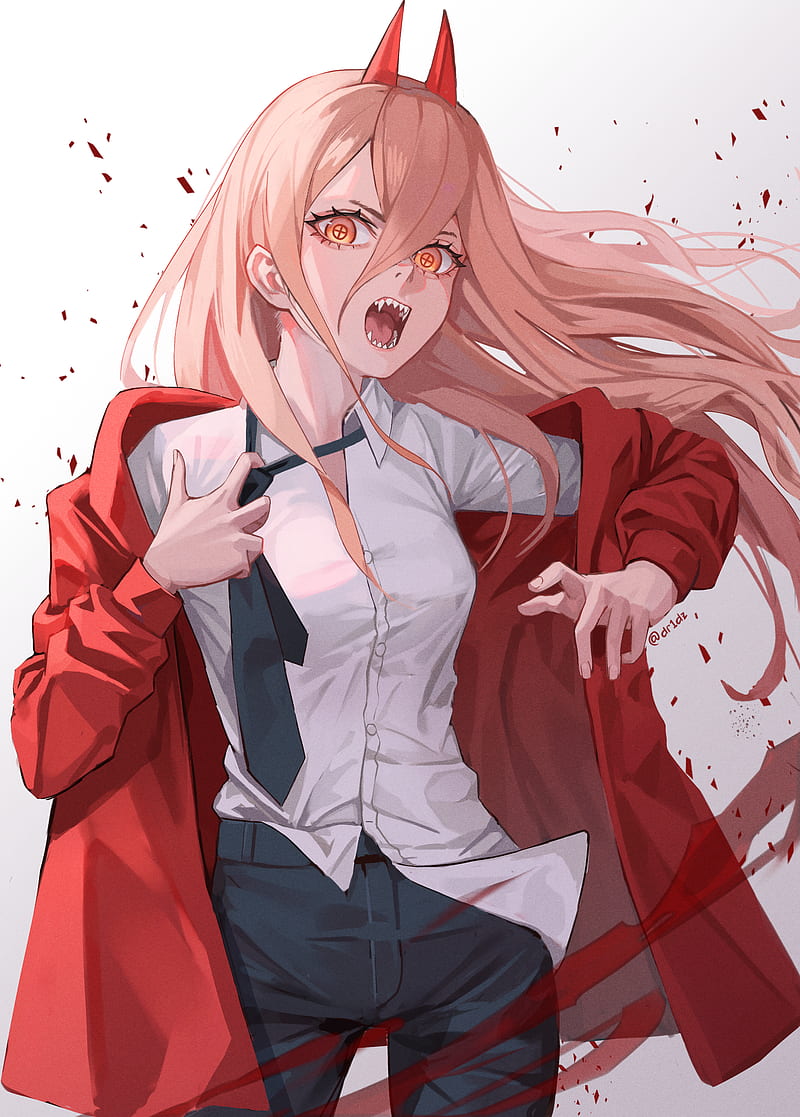 anime, anime girls, Power (Chainsaw Man), Drid, Chainsaw Man, horns, fangs, Pixiv, teeth, open mouth, tie, looking at viewer, long hair, white background, HD phone wallpaper