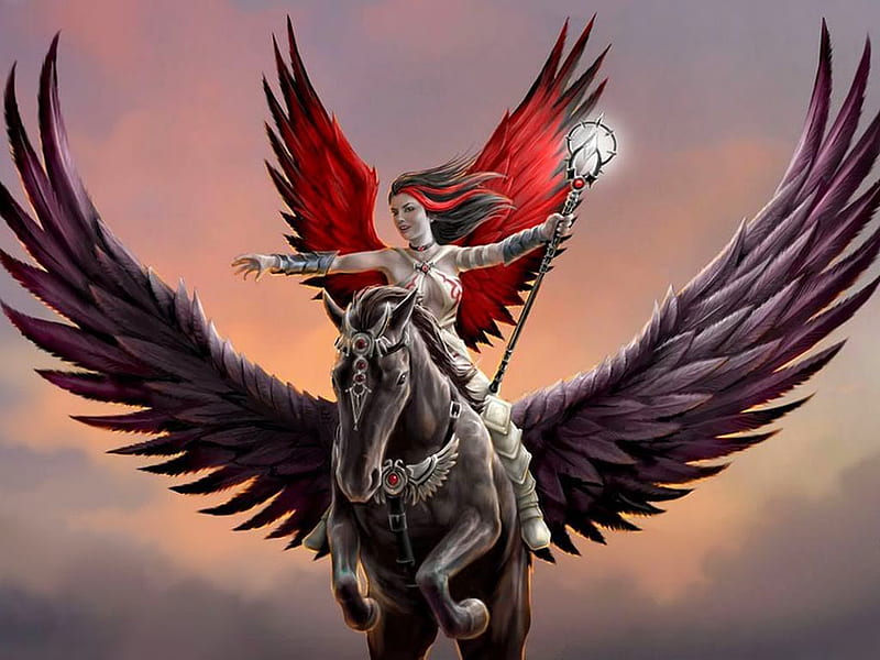 Flying together, red, wings, angel, black, bonito, horse, sky, woman, animal, pegasus, girl, HD wallpaper