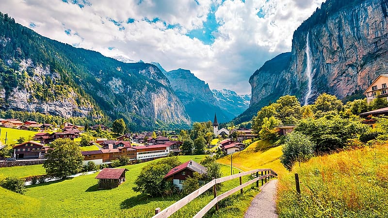 Lauterbrunnen, Switzerland, clouds, landscape, villahe, trees, sky, alps, houses, HD wallpaper