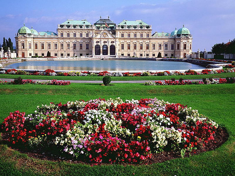 Schloss Belvedere - Vienna, architecture, flowers, vienna, castle, HD wallpaper