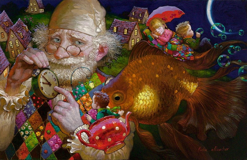 GrandFather's Fairy Tales, teapot, fishing pole, fish, houses, kids, HD wallpaper