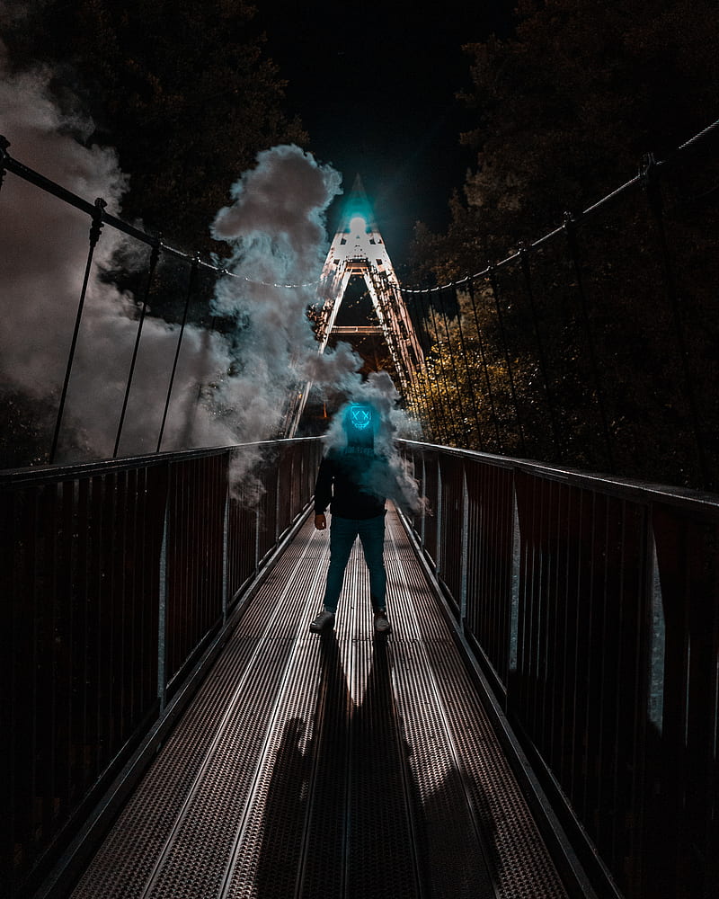 man, mask, neon, smoke, bridge, anonymous, HD phone wallpaper