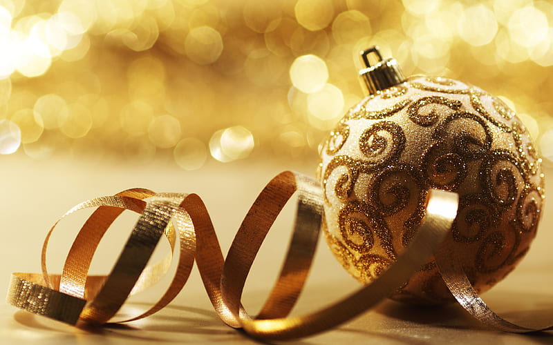 New Year, 2018, golden Christmas decorations, golden ribbon, Christmas balls, HD wallpaper