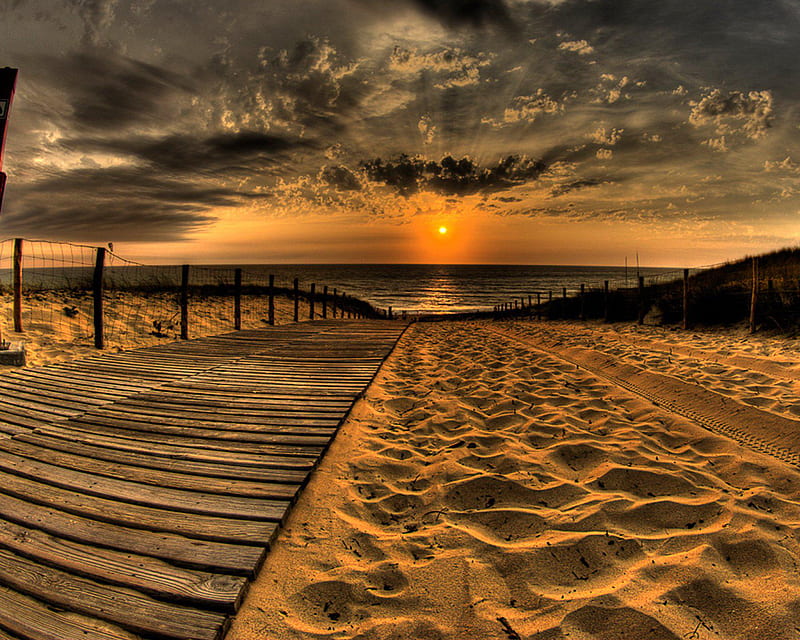 Footprint Sunset, beach, road, sand, HD wallpaper