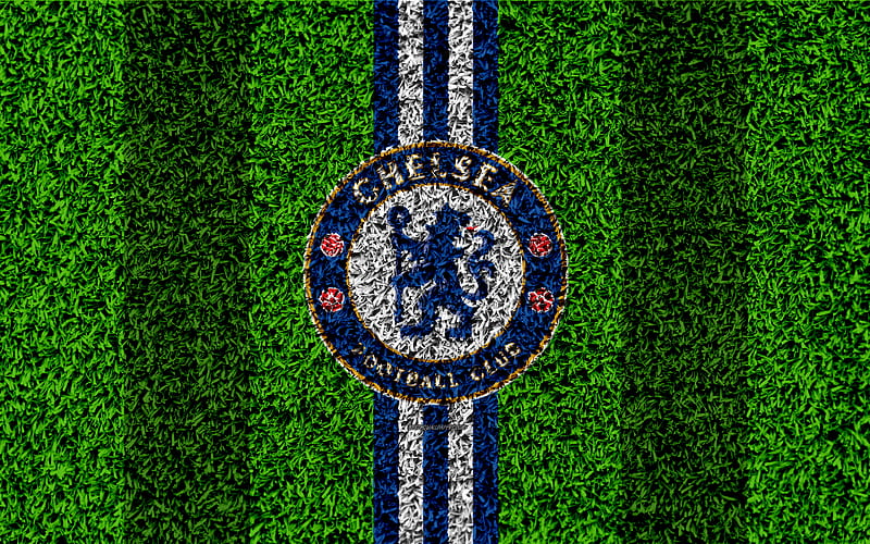 Chelsea FC football lawn, emblem, Chelsea logo, English football club, green grass texture, Premier League, London, England, United Kingdom, football, HD wallpaper