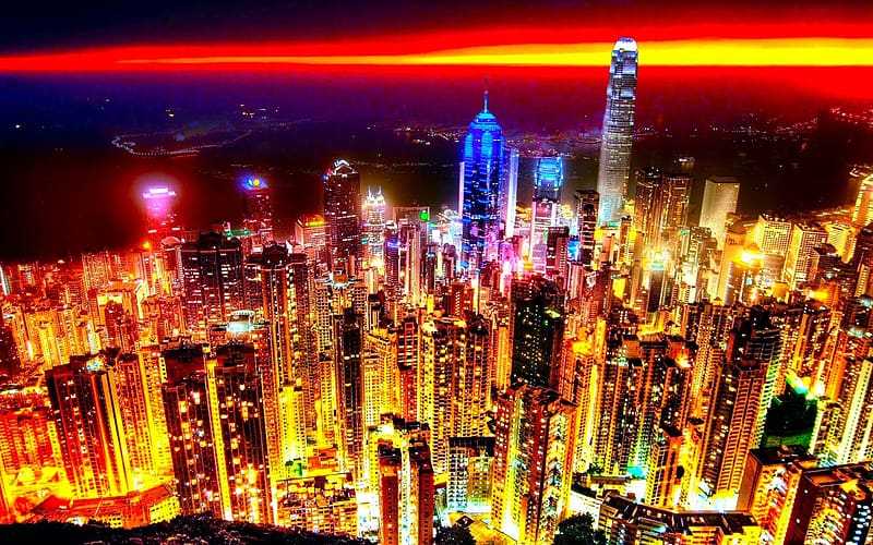 Cities, Sunset, City, Horizon, Hong Kong, HD wallpaper