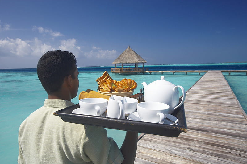 Beach Front breakfast, eat, sea, beach, lagoon, sand, dining, exotic, islands, view, holiday, ocean, breakfast, escape, table for two, paradise, dine, island, tropical, HD wallpaper