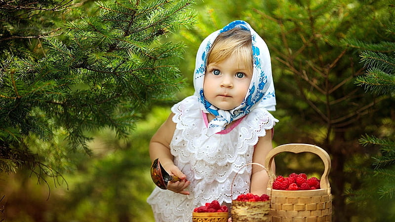 Cute Little Girl Baby Is Wearing White Dress And Head Covered With Scarf Standing In Green Trees Background Cute, HD wallpaper