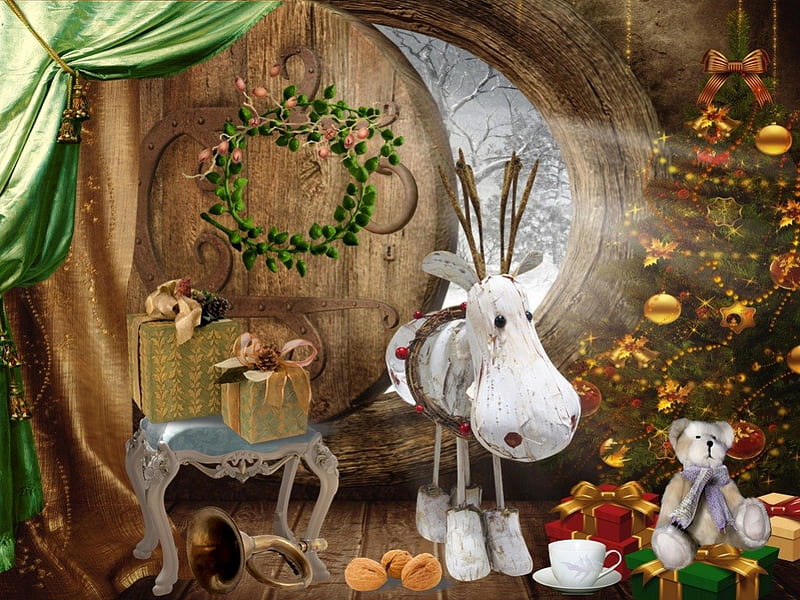 Old Christmas, holidays, christmas, christmastree, reindeer, xmas, vintage, winter, HD wallpaper