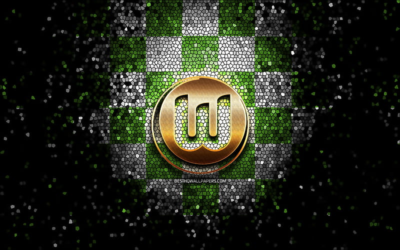 Wolfsburg FC, glitter logo, Bundesliga, green white checkered background, soccer, VfL Wolfsburg, german football club, Wolfsburg logo, mosaic art, football, Germany, HD wallpaper