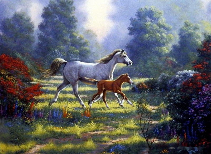 First Outing, tres, painting, blossoms, foal, sunshine, horse, artwork, HD wallpaper