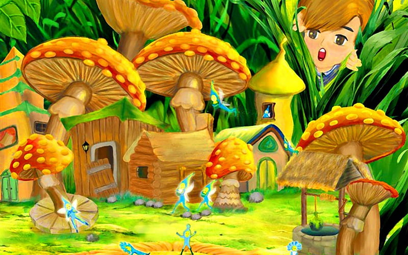 Hidden village, mushroom, boy face, house, bright colors, HD wallpaper