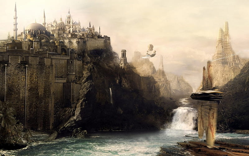 Fantastical City, castles, fantasy, cityscape, futuristic, illustration, HD wallpaper