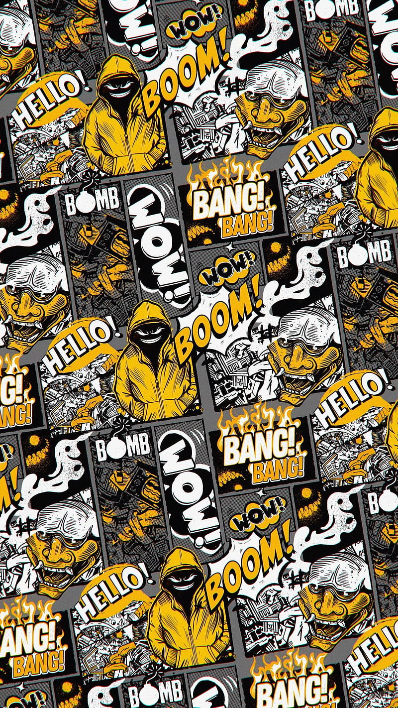 Boom bang, art, crazy, drawings, graffiti, hello, retro, sayings, yellow, HD phone wallpaper