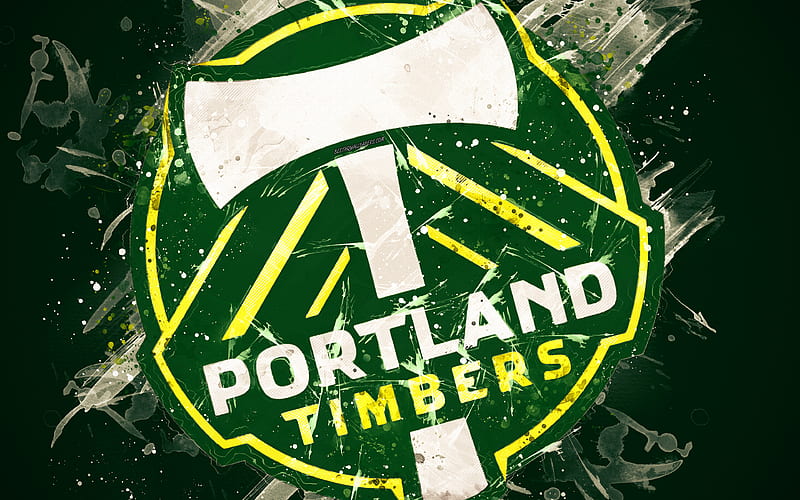 Portland Timbers paint art, American soccer team, creative, logo, MLS, emblem, green background, grunge style, Portland, Oregon, USA, football, Major League Soccer, HD wallpaper