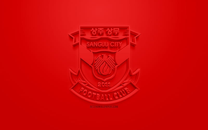 Sangju Sangmu FC, creative 3D logo, red background, 3d emblem, South Korean football club, K League 1, Sangju, South Korea, 3d art, football, stylish 3d logo, HD wallpaper