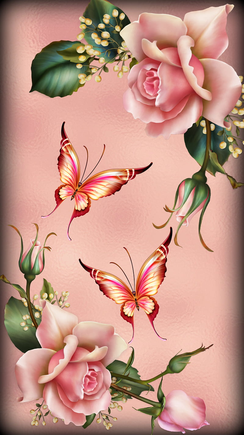 Pink Roses, butterflies, colors, desenho, flowers, pink, roses, HD phone wallpaper
